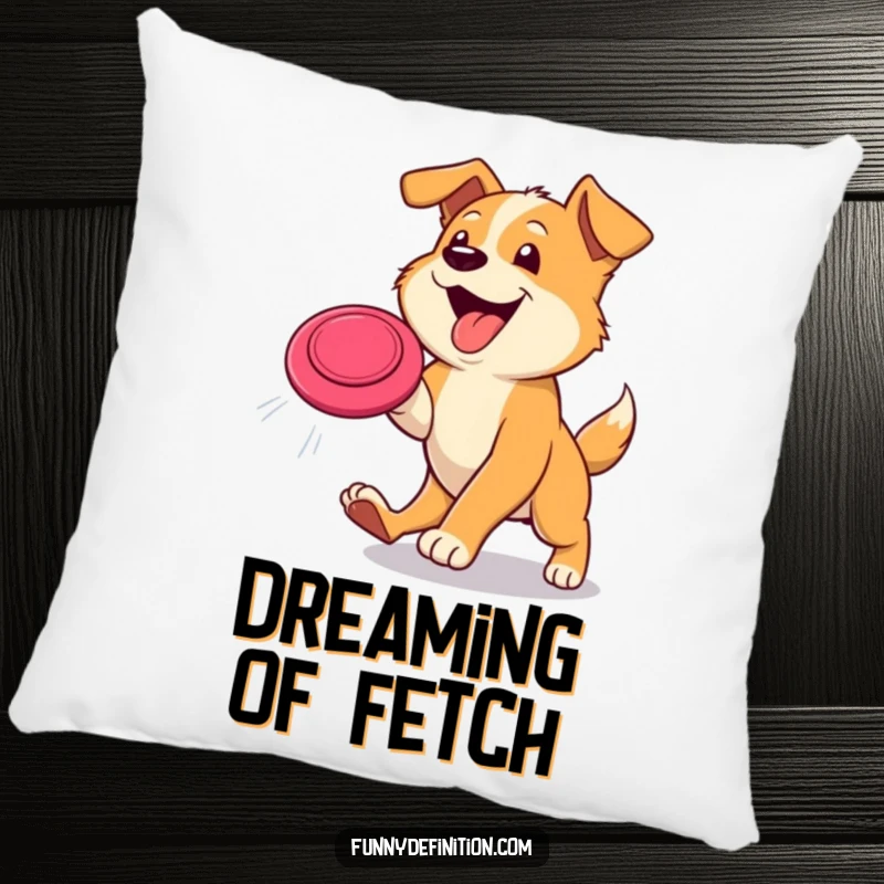 Funny dog pillow designed with a happy dog leaping mid-air to catch a frisbee, tongue out, perfect for adding cheer.