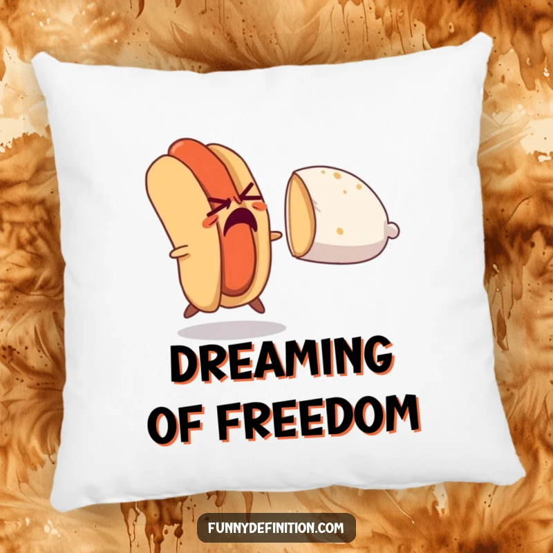 Funny pillow featuring a nervous hot dog attempting to escape a chasing bun, a soft and humorous representation of food-related drama.