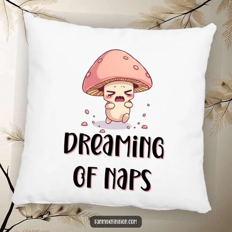 Funny decorative pillow with a nervous mushroom character tripping over its cap, scattering spores.