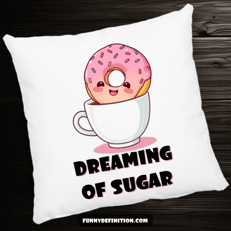 Funny throw pillow featuring a giggling donut with sprinkles floating upside down in a coffee cup, perfect for snuggling.