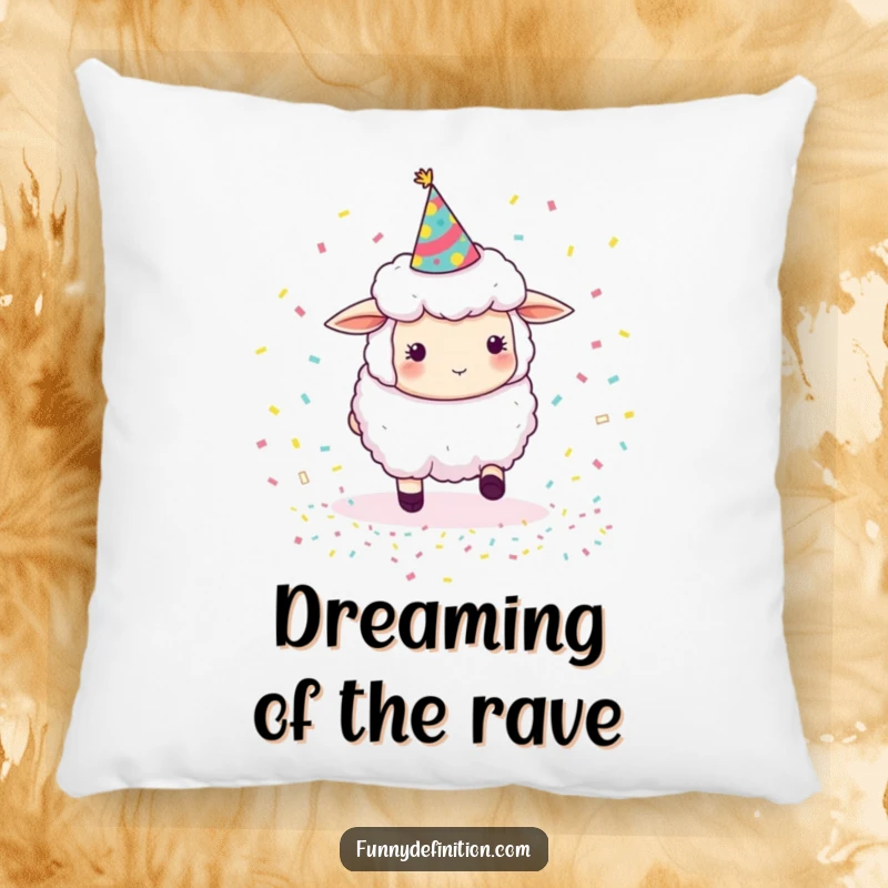 Funny sheep in a party hat, attempting to herd tiny bouncing confetti, a soft and humorous decorative pillow for comfort.