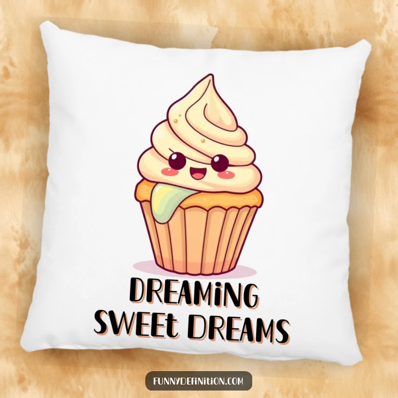 Funny pillow with a surprised cupcake with frosting sliding down a rainbow, offering comfort and sweet whimsy.