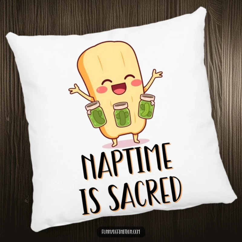 Funny pillow showing a laughing baguette character in the act of juggling three tiny pickle jars, offering decorative comedic comfort.