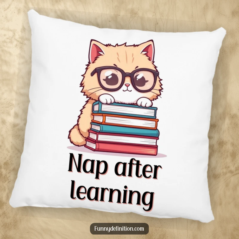 Funny cat pillow, fluffy cat wearing oversized glasses, trying to balance books, soft and humorous decor for book lovers.