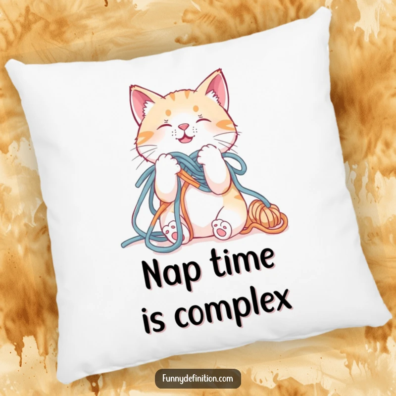 Funny pillow featuring a cat comically tangled in yarn, offering comfort with a side of feline amusement.