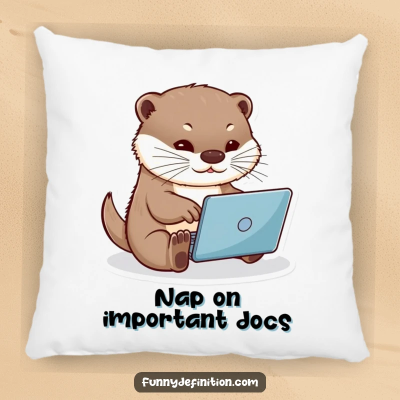 Funny otter with a tiny laptop on a plush pillow, soft and decorative, ideal for adding humor to any room, funny gift pillow.