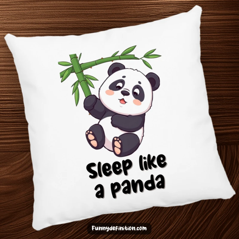 Funny panda character trying to hang upside down from bamboo, designed on a comfortable decorative pillow.