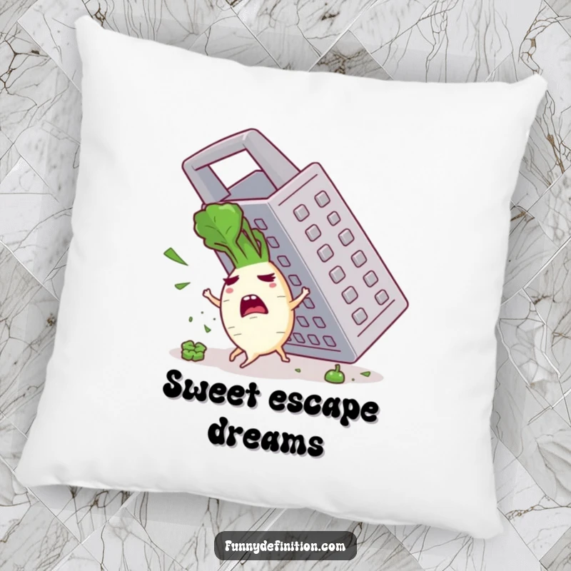 Funny pillow showing a scared radish character trying to get away from a large grater, providing soft, humorous comfort.
