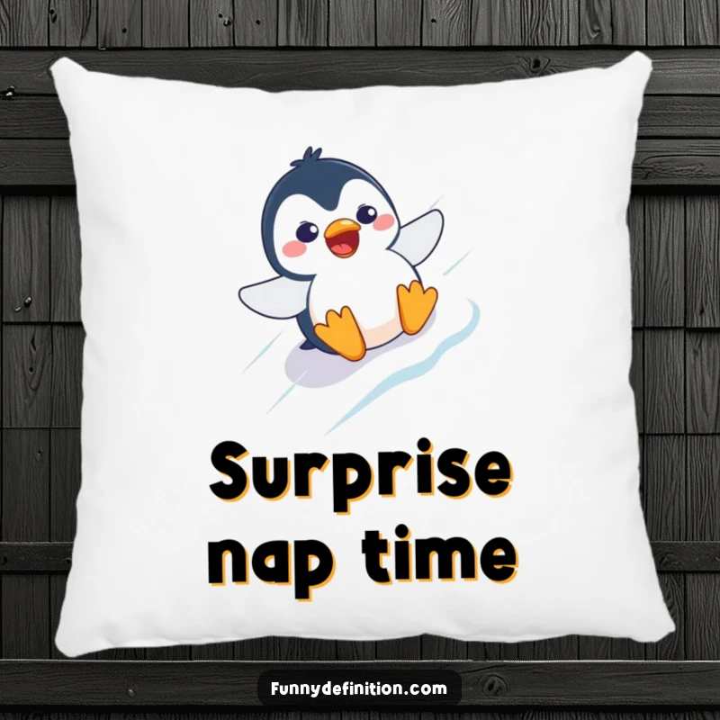 Funny pillow depicting a startled penguin character with a comically surprised expression, sliding down an icy slope.