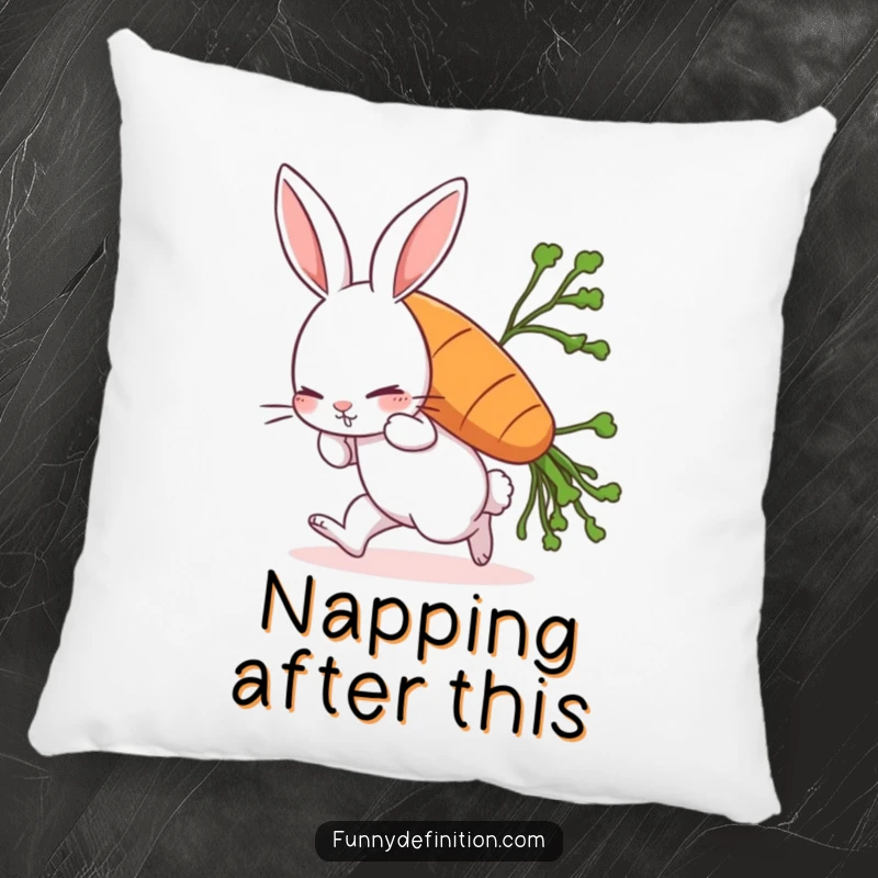 Funny rabbit pillow designed with a comically struggling rabbit leaning forward while carrying a giant carrot, perfect for garden-themed rooms.
