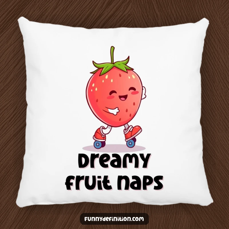 Funny smiling strawberry character roller skating, designed on a comfortable decorative pillow.