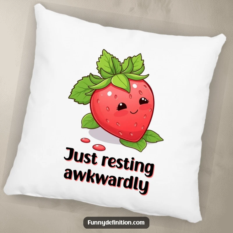 Funny Pillow with a blushing strawberry tripping over its leaves, offering comfort and sweet humor.