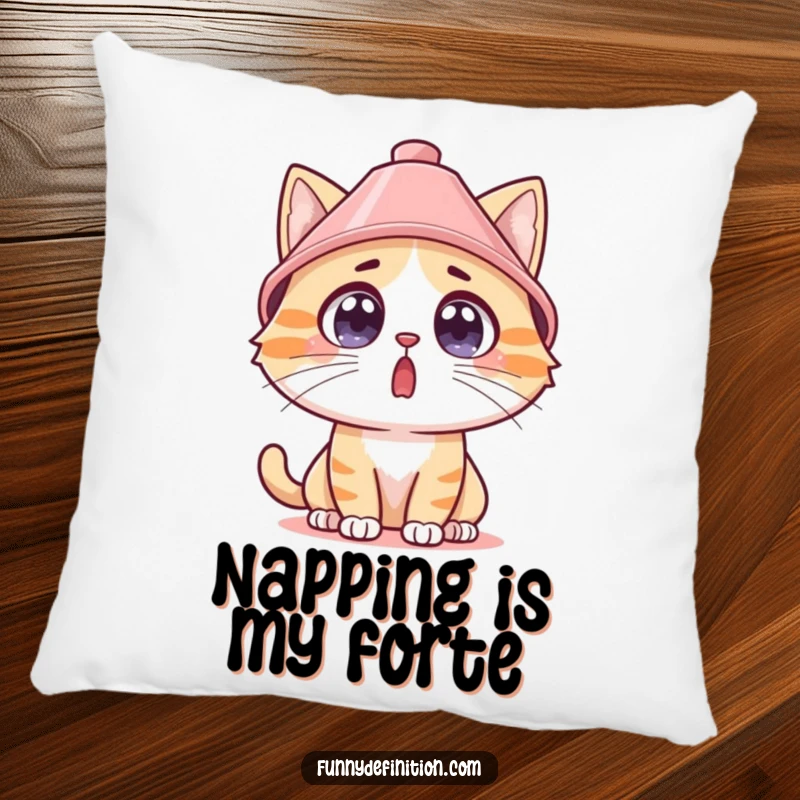 Funny surprised cat wearing a lampshade as a hat on a pillow, soft and humorous decor for any room.