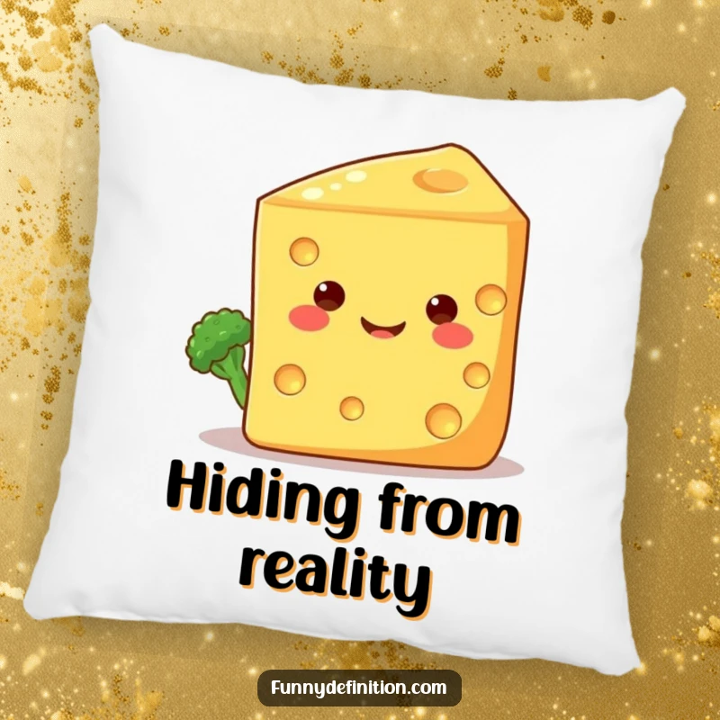 Funny pillow featuring a shy broccoli floret peeking from behind a large, grinning cheese wedge, a soft and charming representation of veggie affection.
