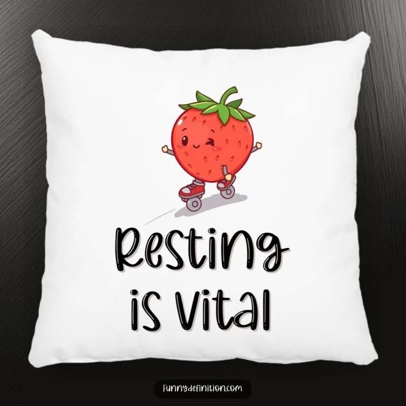 Funny plump strawberry in roller skates, wobbling downhill, designed on a soft decorative pillow.