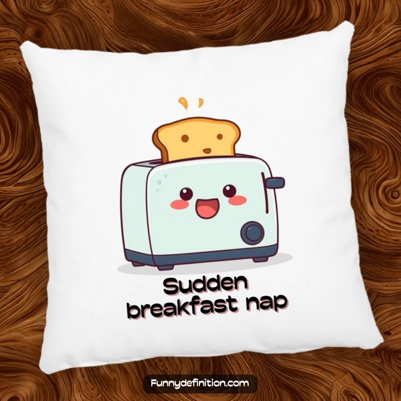 Funny pillow with a startled piece of toast mid-pop from a toaster, providing humorous comfort and quirky decor.