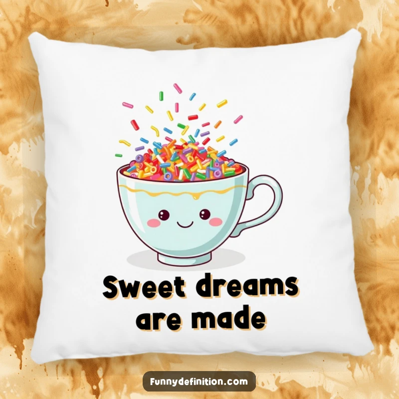 Funny sprinkle teacup pillow, soft and comfortable, decorated with a cheerful overflowing cup of dancing bright sprinkles.