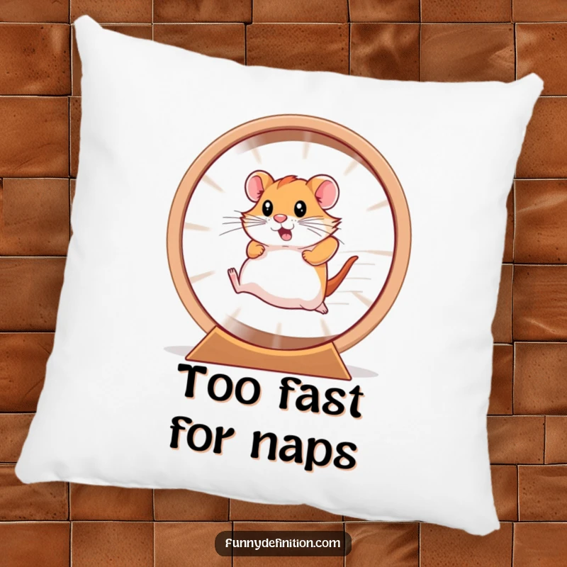 Funny hamster, a streak of motion, running in a hamster wheel on a comfortable pillow.