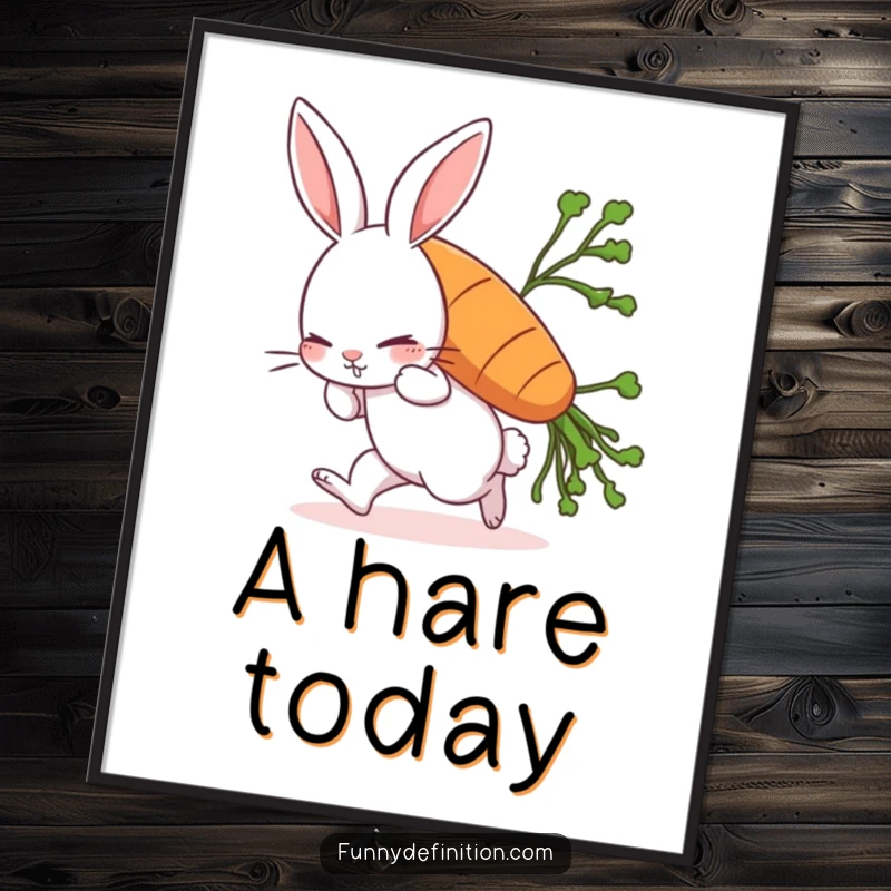 Funny rabbit digital art print of a comically struggling rabbit carrying a giant carrot, leaning forward, offering humorous garden decor.