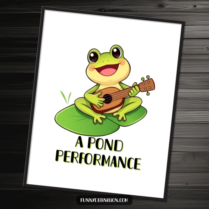 Funny cheerful frog playing a tiny ukulele on a lily pad, available as a vibrant digital art print.