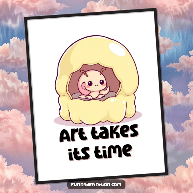 Funny shy snail peeking from a huge, wobbly jelly mold, available as a high-resolution digital art print.