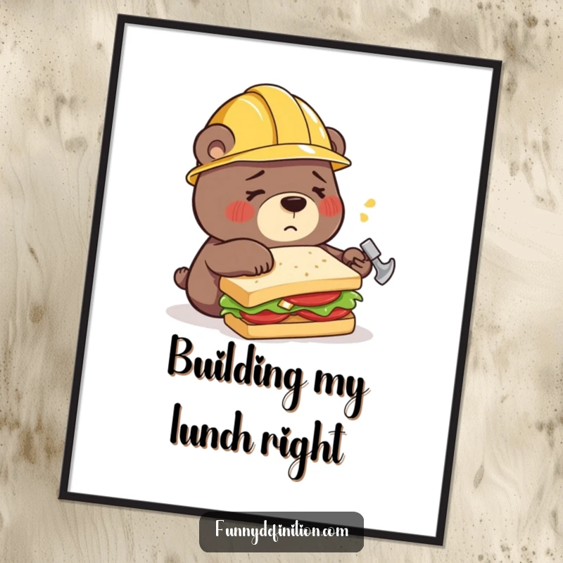 Funny digital art print of a confused bear wearing a construction helmet, hilariously attempting to build a sandwich with a hammer, a humorous art piece.