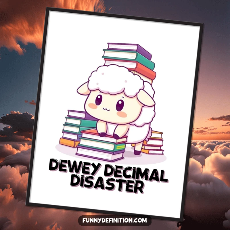 Funny sheep digital art print of a startled sheep buried under a falling stack of books, offering instant humorous wall decor.