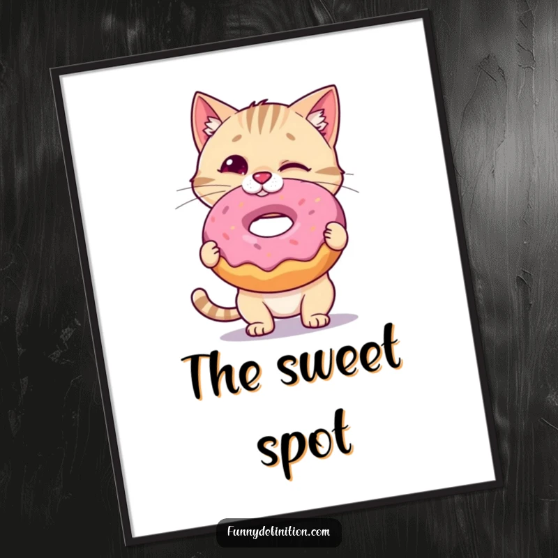 Funny Cat Digital Art Print: A wobbly cat balancing a giant donut on its nose, capturing playful charm and humor, a perfect printable funny gift.