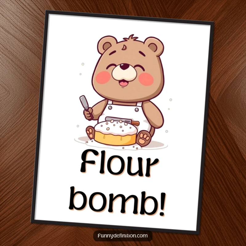 Funny digital art of a clumsy bear wearing an apron, covered in flour while attempting to bake a cake.
