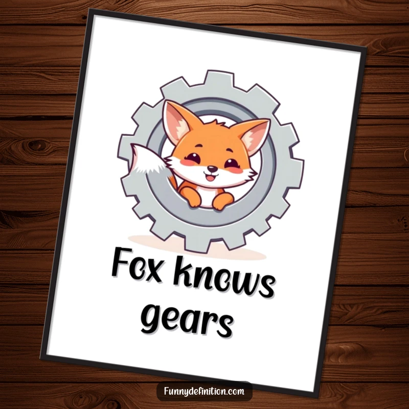 Funny digital art print of a fox peeking from behind a spinning gear, perfect for adding a touch of clever, mechanical charm.