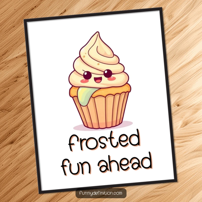 Funny digital art print of a surprised cupcake with frosting sliding down a rainbow, whimsical and cheerful wall decor.