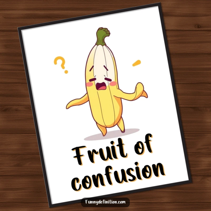 Funny digital art print of a bewildered banana hilariously peeling itself, a comical and quirky wall decor piece.