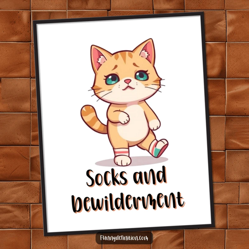 Funny digital art print of a confused cat attempting to walk in mismatched socks, bursting with color and comedic energy for instant download.