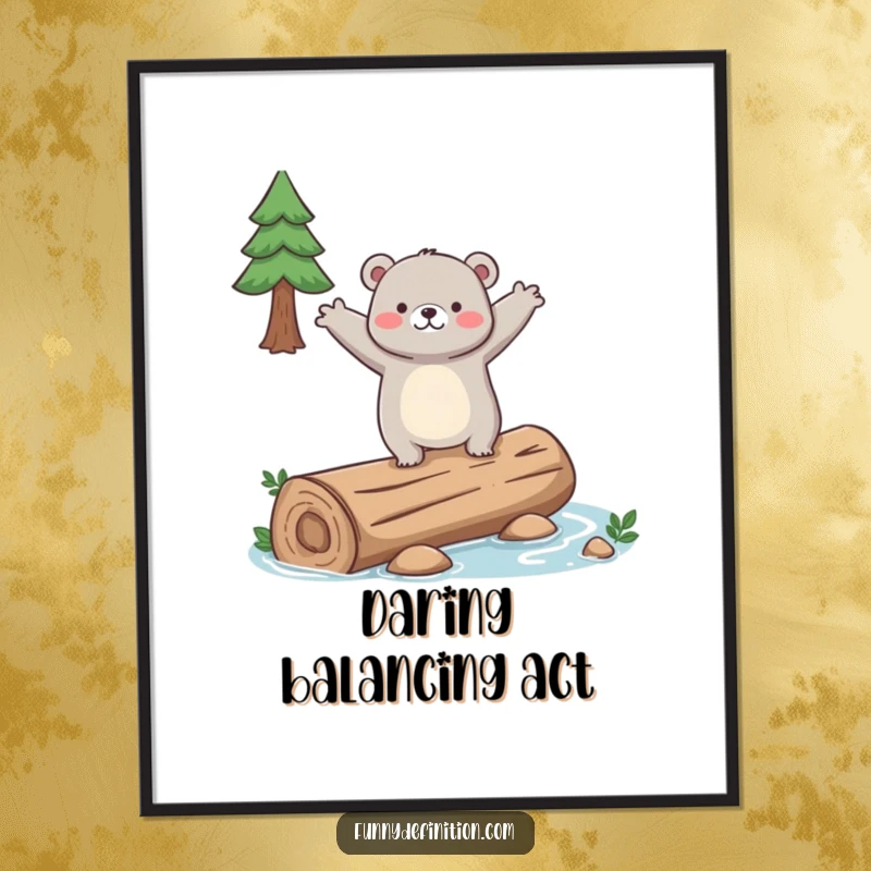Funny digital art print of a clumsy bear attempting to balance on a slippery log, arms out wide, bringing humor.