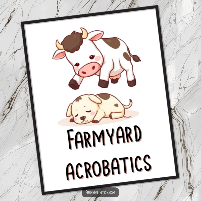 Funny digital art of a cow attempting to jump over a tiny sleeping dog, perfect for humorous and whimsical decor.