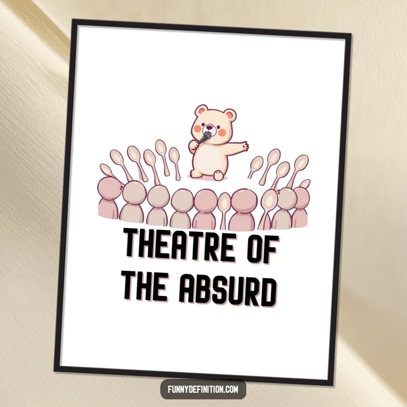 Funny digital art print of a tiny bear performing a dramatic opera aria to an audience of bewildered spoons.