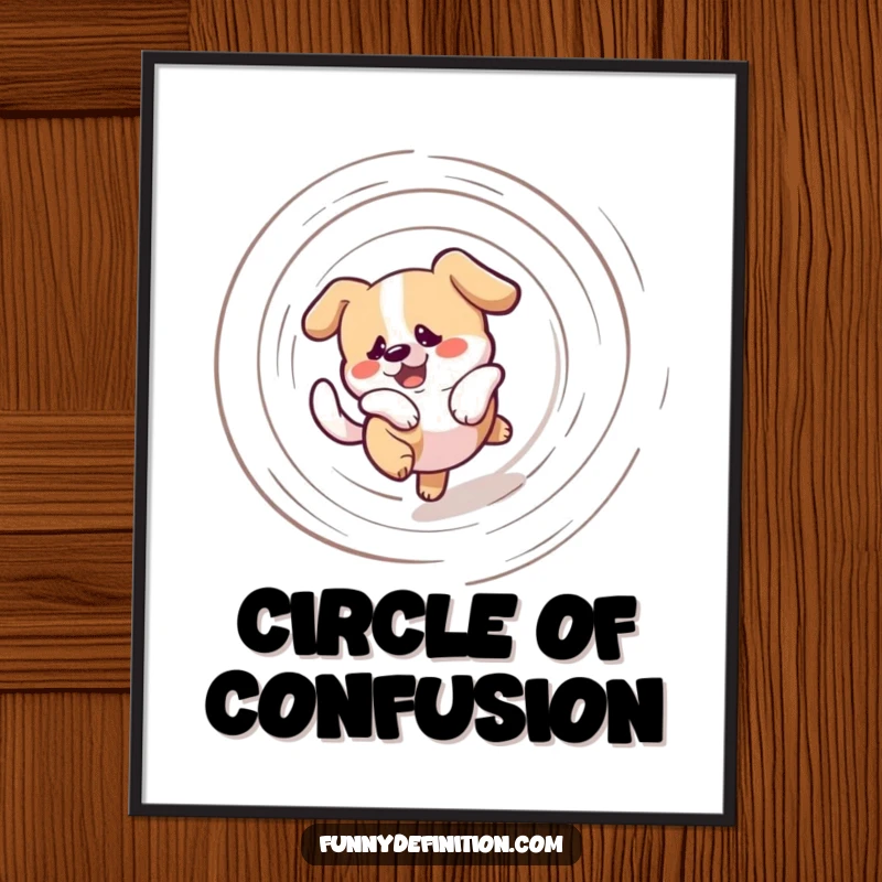 Funny digital art print of a bewildered dog in a dizzying spiral chasing its tail, bursting with color and comedic energy for instant download.