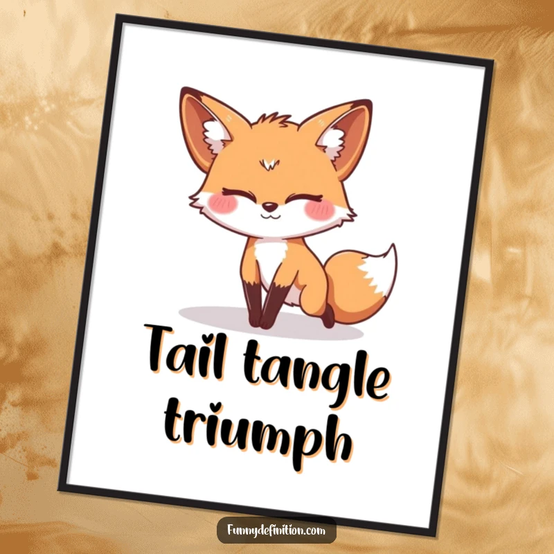 Funny digital art print of a fox with a silly expression, comically tripping over its own tail, adding whimsical humor.