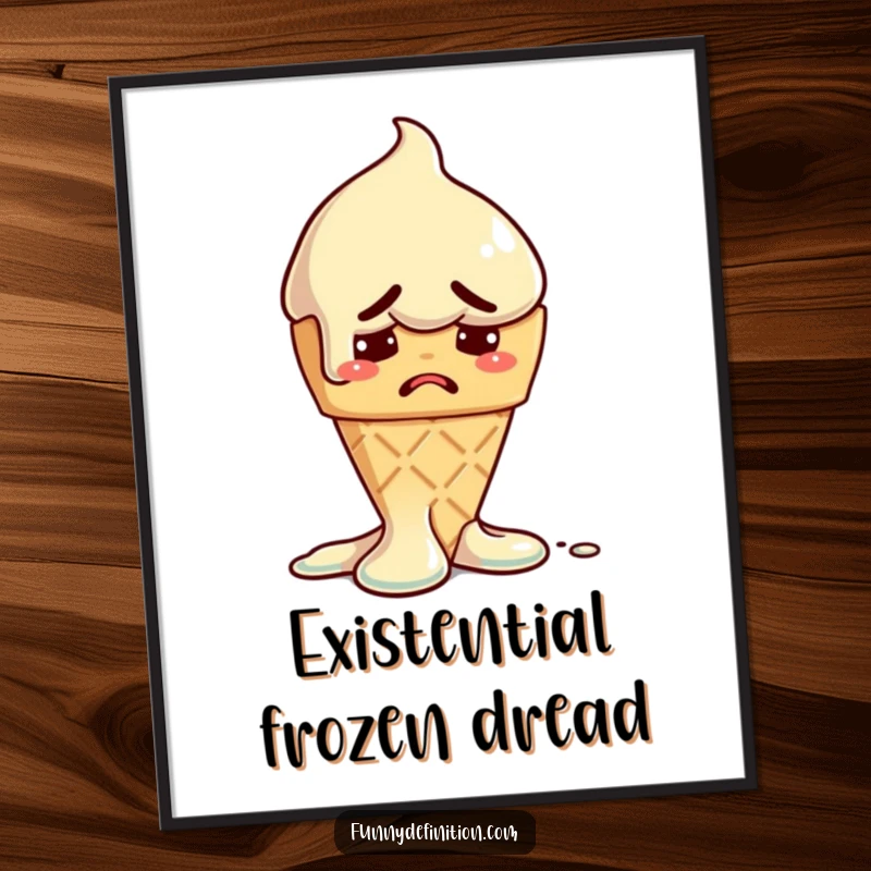 Funny digital art of a melting ice cream cone with a worried expression, perfect for humorous and relatable decor.
