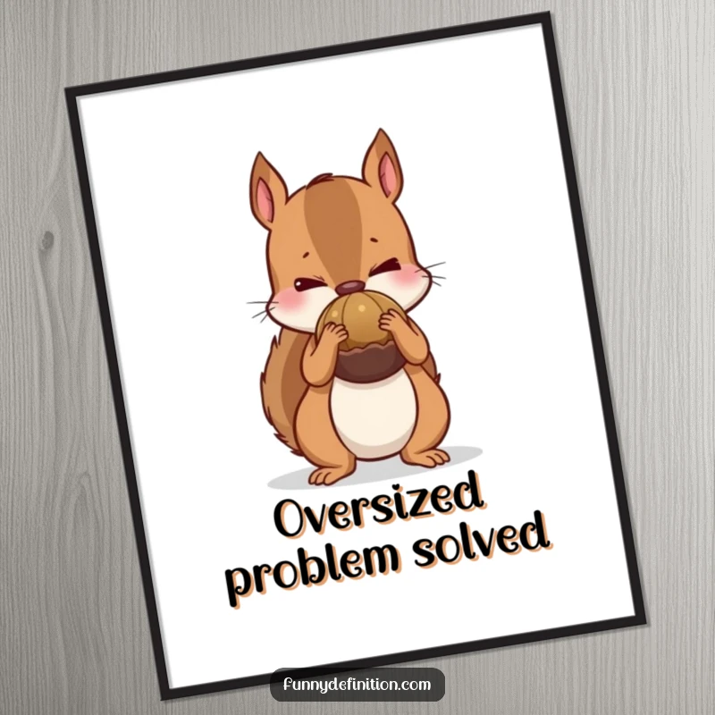 Funny digital art of a nervous squirrel trying to hide a huge nut, perfect for humorous and whimsical decor.