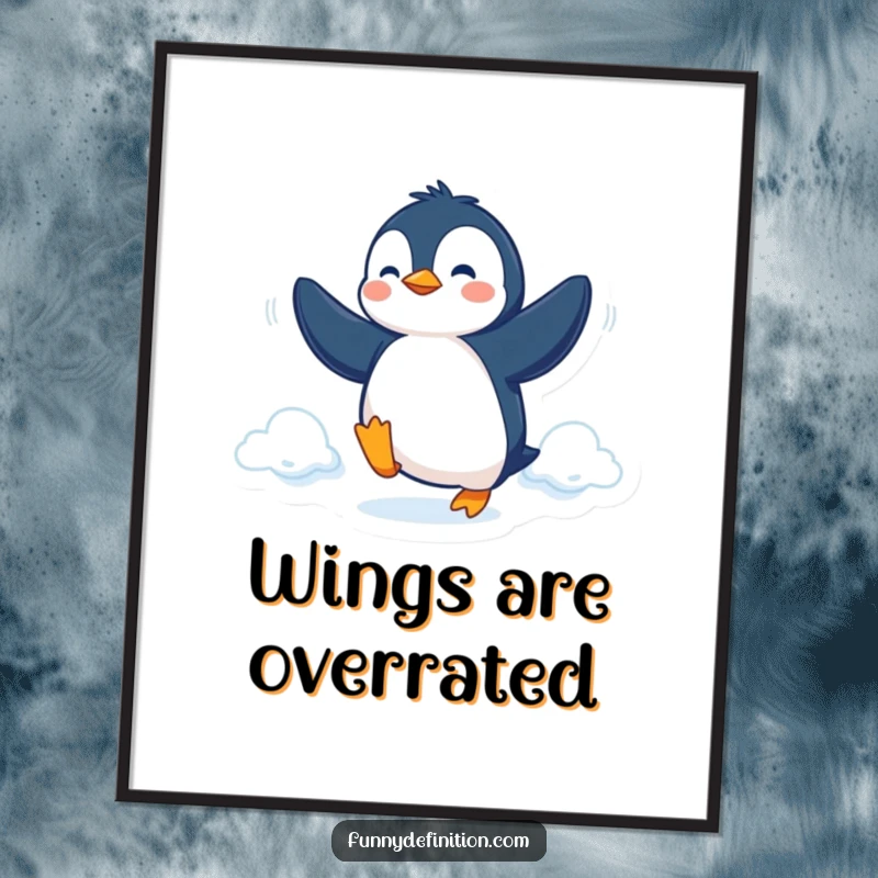 Funny Digital Art Print of a determined penguin attempting flight with flippers, offering instant inspirational humor.