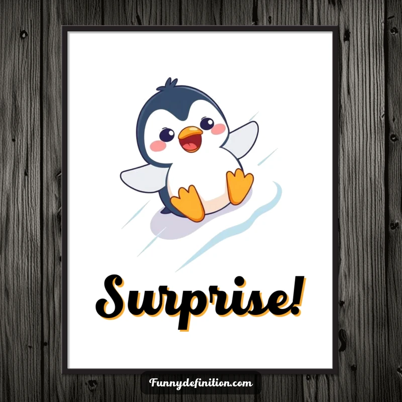 Funny digital art of a startled penguin character with a comically surprised expression, sliding down an icy slope.