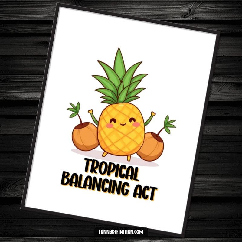 Funny digital art print of a cheerful pineapple juggling coconuts, full of tropical energy and fun.