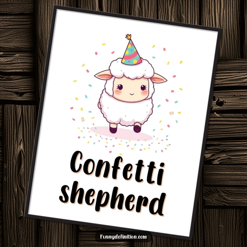 Funny sheep wearing a party hat, herding tiny bouncing confetti, a downloadable digital art print for humorous wall decor.