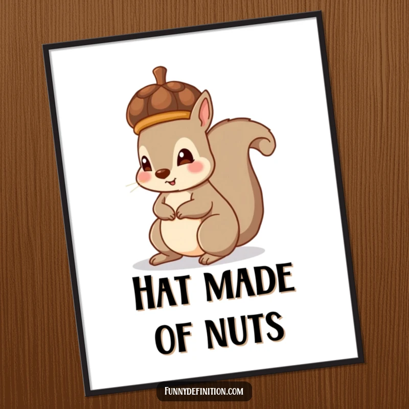 Funny digital art print of a squirrel accidentally wearing an acorn as a hat, charming and whimsical wall decor.