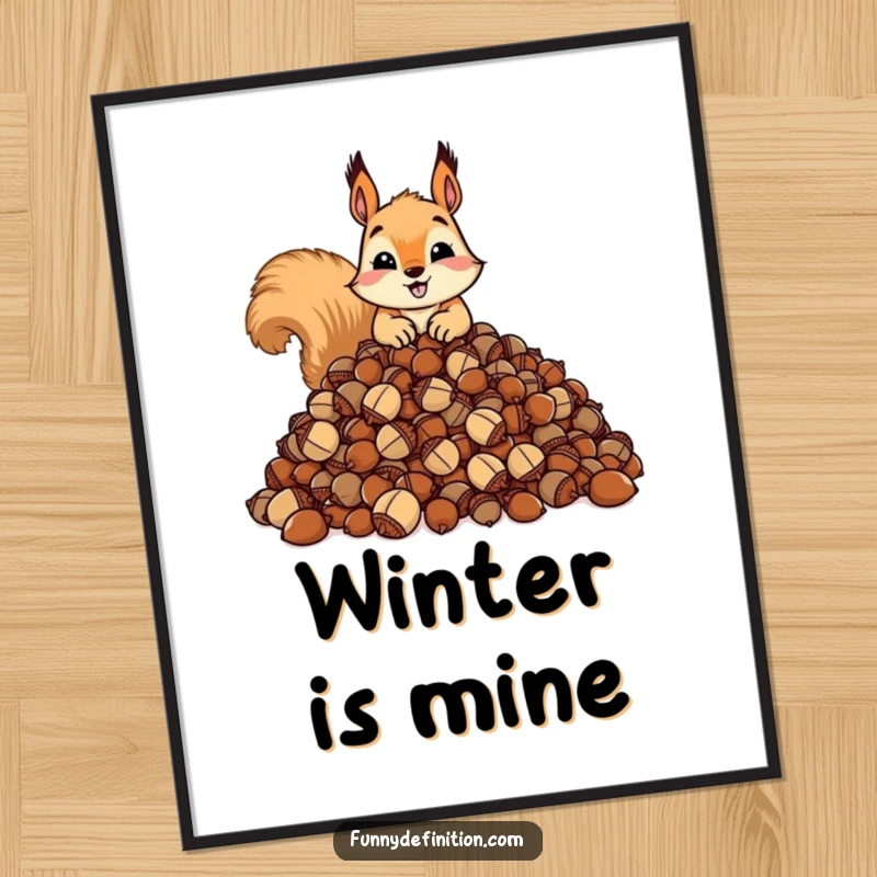 Funny digital art print of a squirrel with a massive pile of acorns. Humorous and ambitious wildlife art.