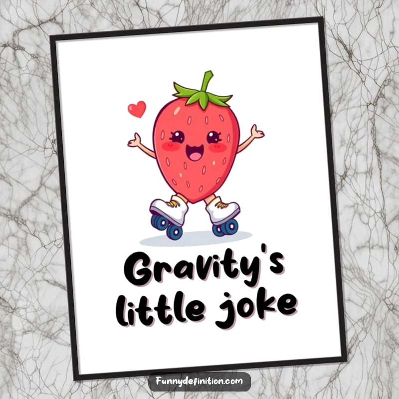 Funny digital art print of a plump strawberry on roller skates, comically tripping, ready to be printed and displayed.