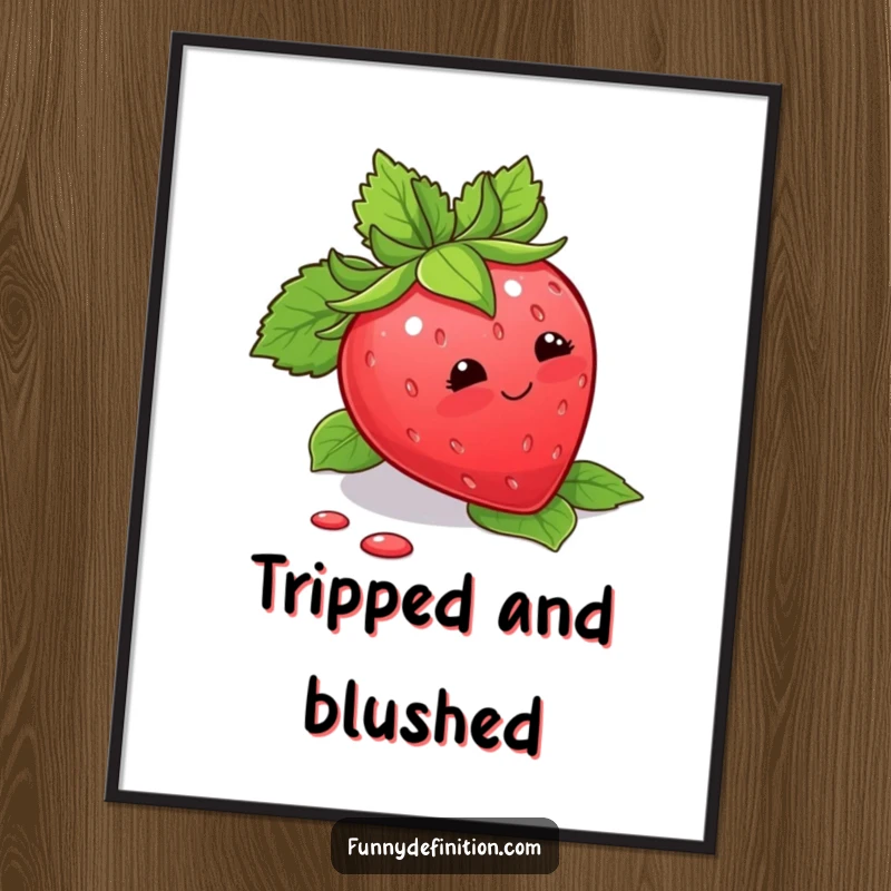 Funny Digital Art Print of a blushing strawberry tripping over its leaves, offering instant cute humor.