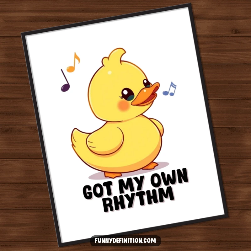 Funny digital art print of a yellow rubber duck comically bobbing its head to an imaginary beat, a cheerful and rhythmic art piece.