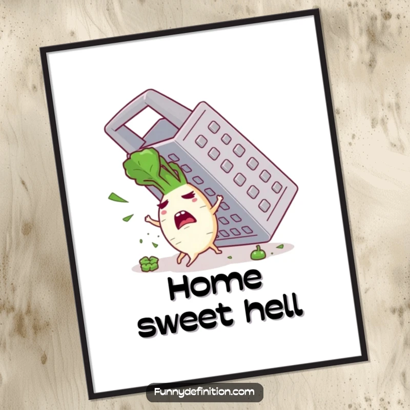 Funny digital art print of a terrified radish character in a desperate flight from a colossal grater, capturing comedic panic.